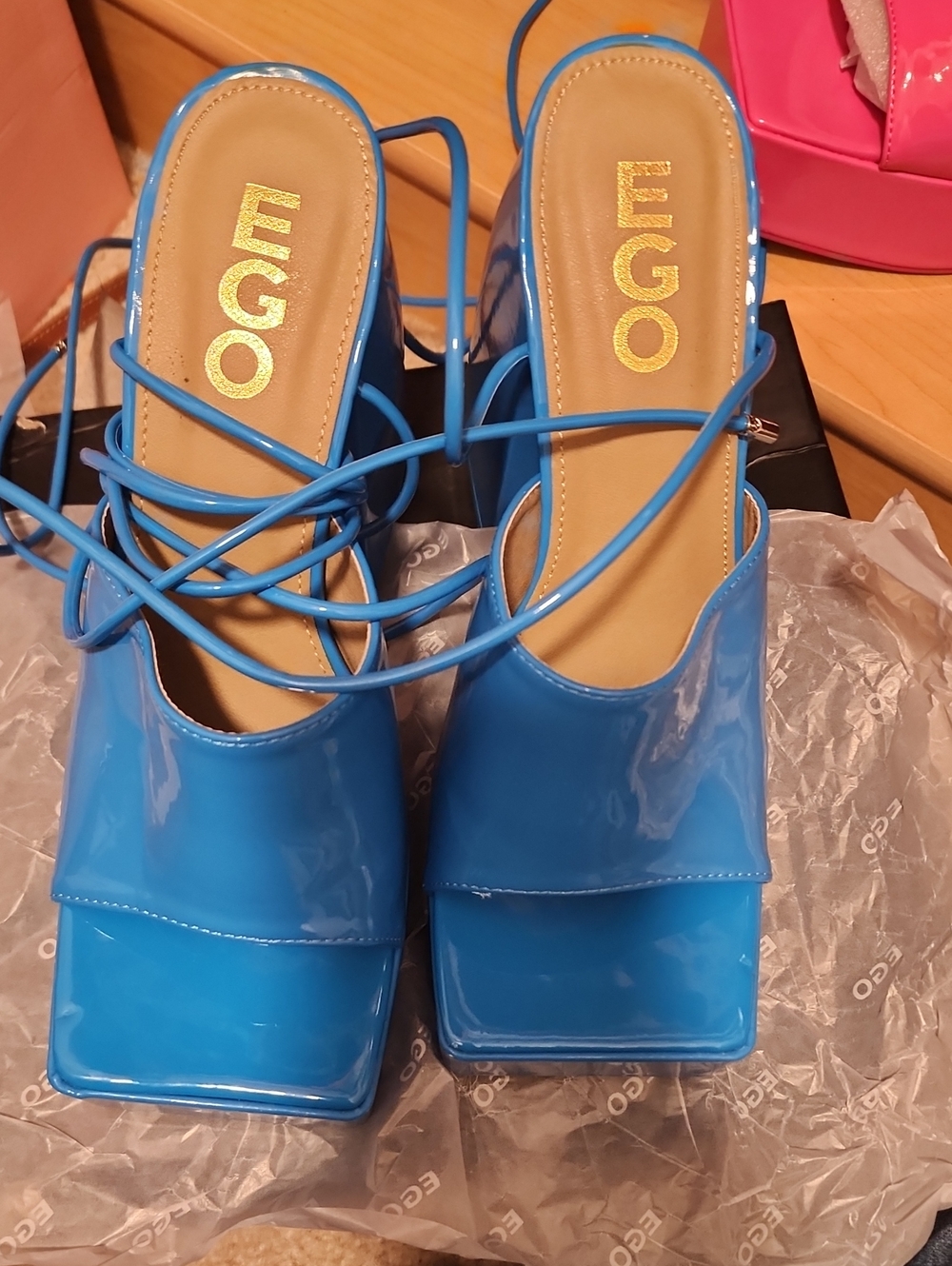 EGO Bright Blue Patent Square-Toe Lace-Up Mules